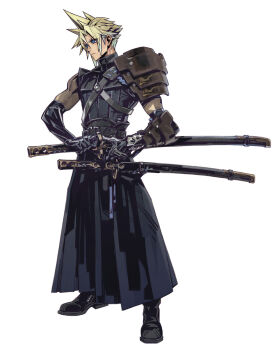 1boy arm_armor armor black_boots black_gloves black_hakama black_shirt blonde_hair blue_eyes boots cloud_strife earrings elbow_gloves final_fantasy final_fantasy_vii final_fantasy_vii:_ever_crisis fujise_lisa full_body gloves hakama hakama_pants highres holding holding_sword holding_weapon japanese_armor japanese_clothes jewelry katana looking_to_the_side male_focus official_alternate_costume official_art pants scabbard serious sheath shirt short_hair shoulder_armor shoulder_strap single_sode sleeveless sleeveless_shirt sode solo spiked_hair standing stud_earrings sword turtleneck turtleneck_shirt weapon