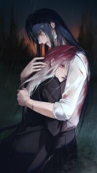 Rule 34 | 2girls, black coat, blood, blood in mouth, coat, cowboy shot, dark, expressionless, gradient hair, highres, hug, multicolored hair, multiple girls, outdoors, path to nowhere, rahu (path to nowhere), rain, rasha 12280919, scar, scar across eye, scar on face, shalom (path to nowhere), sitting