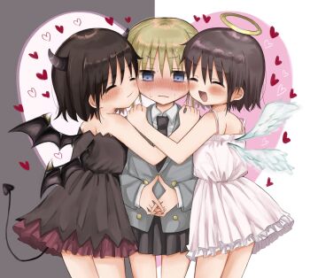 angel angel_and_devil blonde_hair blush brown_hair cheek-to-cheek demon demon_girl demon_horns demon_tail demon_wings dress dual_persona girl_sandwich hair_ribbon hanabi_(yuruneko0624) heads_together highres horns hug kill_me_baby long_hair multiple_girls necktie oribe_yasuna ribbon sandwiched school_uniform short_hair skirt sonya_(kill_me_baby) tail wings yuri