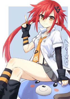 1girl :3 artist_name asymmetrical_gloves bad_tag badge black_footwear black_gloves black_socks blue_background blush border breasts buckle button_badge closed_mouth collarbone elbow_gloves fingerless_gloves flipped_hair gloves grey_skirt hair_between_eyes hair_ornament hairclip heart high_collar jacket kneehighs knees_together_feet_apart kow_(kow0117) leg_warmers long_hair low_twintails medium_breasts mismatched_gloves necktie neptune_(series) open_clothes open_jacket orange_gloves orange_necktie outdoors pleated_skirt red_hair shin_jigen_game_neptune_vii shiny_clothes shiny_skin shoes short_sleeves sidelocks single_elbow_glove sitting skirt smile smiley_face socks solo_focus strapless striped_clothes striped_gloves striped_socks tennouboshi_uzume tube_top twintails uneven_gloves white_border white_jacket yellow_eyes