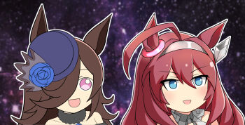 2girls ahoge animal_ears blue_eyes blue_flower blue_rose brown_hair flipped_hair flower grey_hairband hair_between_eyes hair_over_one_eye hairband hat hat_flower highres horse_ears horse_girl long_hair meme meso_(zgmf-xv) mihono_bourbon_(mb-19890425)_(umamusume) mihono_bourbon_(umamusume) multiple_girls rice_shower_(rosy_dreams)_(umamusume) rice_shower_(umamusume) rose space_cat_(meme) tilted_headwear umamusume umamusume_tanuki upper_body