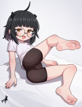 1girl absurdres ahoge barefoot bike_shorts black_hair black_nails black_shorts boppin feet glasses highres horns loli looking_at_viewer nail_polish original round_eyewear shirt shorts soles solo toes white_shirt