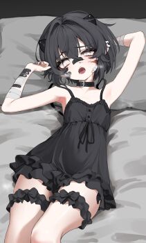 1girl absurdres bandages bandaid bandaid_on_face black_hair chocpocalypse dress flat_chest highres horns lying on_back open_mouth original solo