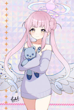 1girl alternate_costume alternate_hairstyle bare_shoulders blue_archive blue_sweater blunt_bangs blush casual closed_mouth collarbone commentary_request cowboy_shot crossed_arms dated double_bun encheru_(th-sto) feathered_wings grid_background hair_bun halo highres holding holding_stuffed_toy long_hair looking_at_viewer low_wings mika_(blue_archive) off-shoulder_sweater off_shoulder pink_halo ribbed_sweater sidelocks signature simple_background sleeves_past_wrists smile solo stuffed_animal stuffed_toy sweater teddy_bear twintails very_long_hair white_wings wings yellow_eyes