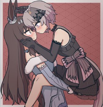 Rule 34 | 2girls, admire vega (glacialis vega) (umamusume), admire vega (umamusume), animal ears, black dress, black gloves, blue dress, blush, brown hair, carrying, carrying person, closed mouth, commentary request, curren chan (sakutsuki ma cherie) (umamusume), curren chan (umamusume), dress, elbow gloves, from side, gloves, grey hair, hand on another's face, highres, horse ears, horse girl, horse tail, jin (jinkwon1147), long hair, multiple girls, off-shoulder dress, off shoulder, parted lips, pink eyes, profile, red background, short hair, sleeveless, sleeveless dress, sweatdrop, tail, umamusume, yuri