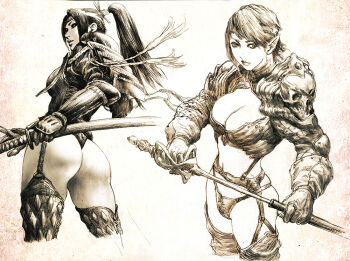 Rule 34 | 2girls, armor, ass, azazel1944, bikini armor, breasts, cleavage, elf, garter belt, gauntlets, gloves, holding, holding sword, holding weapon, large breasts, lips, long hair, mole, monochrome, multiple girls, original, panties, pauldrons, pointy ears, ponytail, sheath, short hair, shoulder armor, sword, thighhighs, thong, underwear, weapon