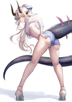 1girl absurdres arknights ass bare_shoulders bikini blonde_hair blue_bow blue_shorts blush bow breasts brown_horns chinese_commentary commentary_request denim dragon dragon_girl dragon_horns dragon_tail full_body green_eyes high_heels highres horns jeans kneepits large_variant_set long_hair long_legs long_tail looking_at_viewer medium_breasts mumi_daohu nipples open_mouth paid_reward_available pants reed_(arknights) sandals shirt shorts solo standing sweat swimsuit tail variant_set very_long_hair white_background white_shirt