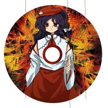 1girl abstract_background amacha_0000 bare_shoulders cd closed_mouth commentary_request cowboy_shot dolls_in_pseudo_paradise flat_cap hair_ribbon happy hat hat_ornament label_girl_(dipp) long_hair long_sleeves mandarin_collar neck_ribbon newsboy_cap offering_hand purple_eyes red_hat red_ribbon red_skirt ribbon shirt side_ponytail skirt smile solo star_(symbol) star_hat_ornament touhou white_shirt white_sleeves wide_sleeves