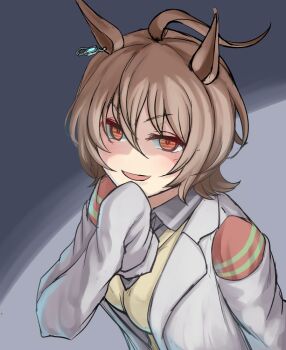 Rule 34 | 1girl, agnes tachyon (tach-nology) (umamusume), agnes tachyon (umamusume), ahoge, animal ears, breasts, brown eyes, brown hair, coat, collared shirt, commentary request, grey shirt, hair between eyes, horse ears, horse girl, lab coat, long bangs, looking at viewer, medium breasts, open clothes, open coat, open mouth, sadahiro (chicken nugget gyuuniku aji), shaded face, shirt, short hair, sleeves past fingers, sleeves past wrists, smile, solo, sweater vest, umamusume, upper body, v-shaped eyebrows, white coat, yellow sweater vest