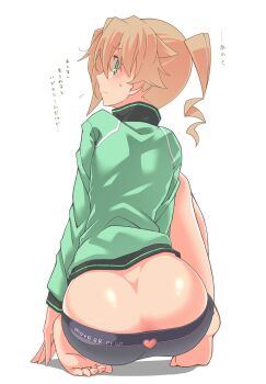 1girl ass back blonde_hair blush boyshort_panties butt_crack feet flat_ass green_eyes green_jacket grey_panties grey_underwear highres jacket kakiku_keiko legs_up looking_at_viewer looking_back oteruko_(wanabeee) panties squatting sweatdrop thighs track_jacket underwear