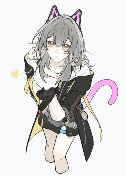 1girl animal_ears belt black_gloves black_jacket black_skirt breasts cat_ears cat_tail chain collarbone commentary_request cowboy_shot eyelashes fake_animal_ears fake_tail gloves gold_chain grey_belt grey_hair hair_between_eyes hand_on_own_hip hand_up heart highres honkai:_star_rail honkai_(series) jacket lapels long_hair long_sleeves looking_at_viewer medium_breasts miniskirt open_clothes open_jacket pocket_watch shirt sidelocks sinn_syuu skirt solo standing stelle_(honkai:_star_rail) t-shirt tail tassel teeth thigh_strap trailblazer_(honkai:_star_rail) two-sided_fabric two-sided_jacket watch white_shirt yellow_eyes yellow_jacket