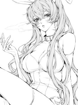 1girl animal_ears belt_collar breasts cigarette cleavage collar commission cowboy_shot crossed_bangs elbow_gloves fake_animal_ears gloves greyscale highres holding holding_cigarette large_breasts leotard long_hair looking_at_viewer monochrome original parted_lips playboy_bunny rabbit_ears simple_background skeb_commission smoke smoking solo strapless strapless_leotard teeniika white_background