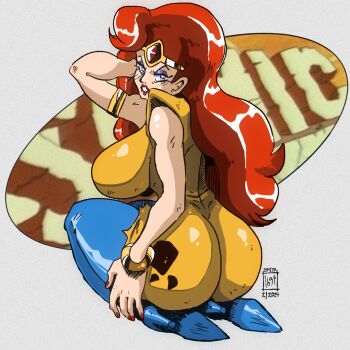 Rule 34 | 1990s (style), 2024, adjusting hair, adventures of sonic the hedgehog, alternate breast size (larger), arm up, armlet, artist logo, ass, back, blue pants, blush, border, bracelet, breasts, commentary, commission, cowlick, curvy, dated, english commentary, eyeshadow, female focus, full body, gem, high heels, huge ass, huge breasts, ishida1694, jewelry, katella the huntress, logo, long hair, looking at viewer, makeup, outside border, pants, parted lips, pinup (style), purple eyeshadow, red gemstone, red hair, red lips, retro artstyle, sega, seiza, shirt, sideboob, simple background, sitting, solo, sonic (series), thick thighs, thighs, tiara, tight clothes, tight pants, wavy hair, yellow shirt