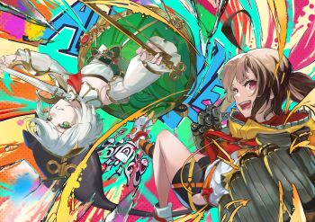 2girls absurdres ahoge bike_shorts black_shorts black_tail bluehead_white_dragon bow_(music) brass_knuckles brown_hair cecilia_immergreen cecilia_immergreen_(1st_costume) clenched_hand clothing_cutout commentary crinoline detached_sleeves doll_joints english_commentary gigi_murin gigi_murin_(1st_costume) gold_trim graffiti green_eyes green_hair grey_hair grin highres hip_vent holding holding_bow_(music) holding_instrument holding_violin hololive hololive_english hood hood_down hoodie huge_ahoge instrument joints long_sleeves looking_at_viewer multicolored_hair multiple_girls off_shoulder open_mouth orange_hoodie perspective purple_eyes romper sharp_teeth shoes short_hair short_twintails shorts smile smokey_(hololive) streaked_hair teeth twintails violin virtual_youtuber weapon white_romper winding_key