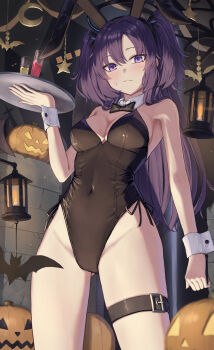 1girl absurdres alternate_costume animal_ear_hairband animal_ears black_halo black_leotard blue_archive commentary_request detached_collar fake_animal_ears hairband halloween halo highleg highleg_leotard highres holding holding_tray huran_tea jack-o&#039;-lantern leotard looking_at_viewer mechanical_halo playboy_bunny purple_eyes purple_hair rabbit_ear_hairband rabbit_ears solo strapless strapless_leotard tray two_side_up wrist_cuffs yuuka_(blue_archive)