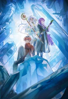 1boy 2girls absurdres black_hair black_pantyhose black_robe blunt_bangs capelet cave closed_mouth commentary_request cookie052070521 crystal crystal_cave dress earrings elf fern_(sousou_no_frieren) frieren grey_pants highres holding holding_staff jacket jewelry long_hair long_sleeves looking_to_the_side mage_staff multicolored_hair multiple_girls on_rock pants pantyhose parted_bangs pointy_ears purple_eyes purple_hair red_hair red_jacket robe rock short_hair sitting sousou_no_frieren staff standing stark_(sousou_no_frieren) teardrop_earrings twintails two-tone_hair very_long_hair white_capelet white_dress