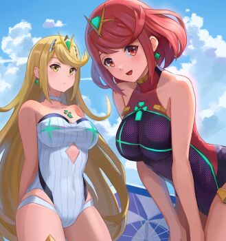 2girls aqua_gemstone black_one-piece_swimsuit blonde_hair breasts chest_jewel competition_swimsuit covered_collarbone earrings floating_earrings gem headpiece highres jewelry large_breasts long_hair multiple_girls mythra_(radiant_beach)_(xenoblade) mythra_(xenoblade) one-piece_swimsuit pyra_(pro_swimmer)_(xenoblade) pyra_(xenoblade) red_one-piece_swimsuit ribbed_swimsuit saburou_(jako) strapless strapless_one-piece_swimsuit striped_clothes striped_one-piece_swimsuit swept_bangs swimsuit tiara two-tone_swimsuit vertical-striped_clothes vertical-striped_one-piece_swimsuit very_long_hair white_one-piece_swimsuit xenoblade_chronicles_(series) xenoblade_chronicles_2 yellow_eyes