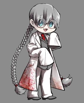 1girl :3 blue_eyes coat collared_shirt e.g.o_(project_moon) employee_(project_moon) grey_hair grey_shoes grey_vest grinder_mk4_(e.g.o) highres lobotomy_corporation long_hair long_sleeves looking_at_viewer necktie nugget_(project_moon) open_mouth pants project_moon red_necktie shirt shoes sleeves_past_fingers sleeves_past_wrists smile solo very_long_hair vest white_coat white_pants white_shirt yatsumeunagi