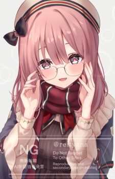 Rule 34 | 1girl, amayui moka, belt, black bow, blue jacket, blunt bangs, blush, bow, breasts, buttons, english text, glasses, grey hair, hair between eyes, hands up, hat, hat bow, jacket, long hair, looking at viewer, open mouth, pink hair, pink pupils, red scarf, reityana, scarf, simple background, smile, solo, twitter username, virtual youtuber, vspo!, watermark, white background, white hat