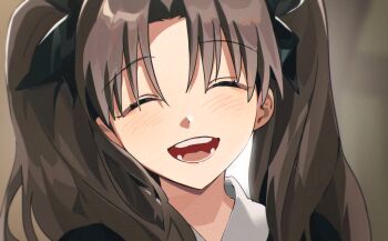 0304rong0304 1girl absurdres backlighting black_hair blurry blurry_background closed_eyes commentary_request fate/zero fate_(series) highres korean_commentary long_hair open_mouth portrait smile solo tohsaka_rin tohsaka_rin_(fate/zero) twintails
