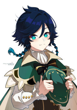 1boy absurdres androgynous aqua_eyes aqua_pupils artist_name ascot beret black_hair blue_hair braid brown_corset buttons cape closed_mouth collared_cape commentary corset english_commentary floating_hair frills genshin_impact gradient_hair green_cape green_hat hair_between_eyes hands_up hat highres holding holding_unworn_clothes holding_unworn_hat lkari_shi long_sleeves looking_at_viewer male_focus multicolored_hair puffy_long_sleeves puffy_sleeves shirt short_hair signature simple_background smile solo twin_braids two-sided_cape two-sided_fabric unworn_hat unworn_headwear upper_body venti_(genshin_impact) watermark white_ascot white_background white_shirt yellow_cape
