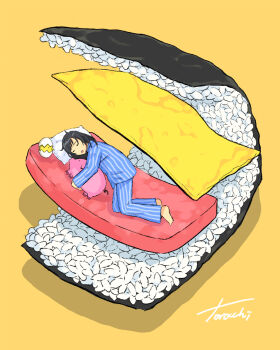 1girl artist_name baby_animal barefoot bed bird black_hair blanket blue_pajamas chick commentary_request egg food full_body goke_shike_(altamira05) head_on_pillow highres hugging_object lying medium_hair on_bed on_side onigiri original pajamas pig pillow simple_background sleeping solo striped_clothes striped_pajamas stuffed_animal stuffed_toy surreal vertical-striped_clothes vertical-striped_pajamas yellow_background