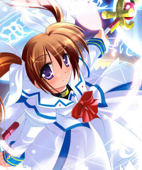 00s 1girl bad_anatomy brown_hair dress feathers female_focus lyrical_nanoha magic_circle mahou_shoujo_lyrical_nanoha purple_eyes quality raising_heart ribbon solo takamachi_nanoha