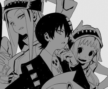 Rule 34 | 1boy, 2girls, betti (xx betti), collared shirt, death the kid, elizabeth thompson, greyscale, hat, jewelry, long hair, looking at viewer, monochrome, multiple girls, patricia thompson, ring, ringed eyes, shirt, short hair, siblings, sisters, smile, soul eater