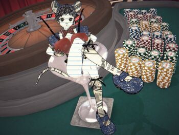 Rule 34 | 1girl, 3d, animal ears, animal nose, black hair, black ribbon, blue shos, bow, bowtie, cherry, cocktail glass, colored skin, commentary, crossed legs, cup, drinking glass, english commentary, food, fruit, highres, holding, holding food, holding fruit, in container, in cup, indoors, kneehighs, koikatsu (medium), lined paper, mini person, minigirl, money, mouse ears, mouse girl, mouse tail, open mouth, original, poker chip, ratstack, red bow, red bowtie, ribbon, roulette table, short hair, socks, solo, sully (ratstack), table, tail, white skin