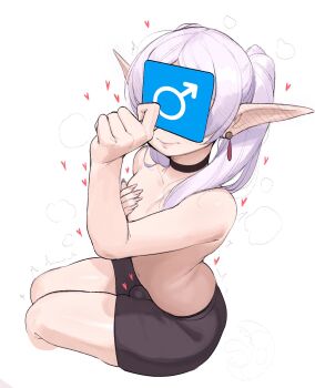 1boy 1other androgynous arm_up bike_shorts bishounen black_choker black_shorts blush bulge card choker collarbone covering_nipples covering_own_eyes covering_privates cropped_legs ear_blush earrings elf fingernails frieren from_side genderswap genderswap_(ftm) grey_hair hand_on_own_chest heart highres holding holding_card jewelry krekkball krekkov legs_together long_fingernails long_hair looking_at_viewer male_focus mars_symbol navel parted_hair pointy_ears short_shorts shorts simple_background sitting skin_tight smile sousou_no_frieren steaming_body thighs tongue tongue_out topless_male trap turning_head twintails when_you_see_it white_background white_hair