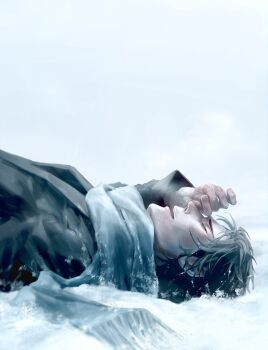 1boy absurdres artist_name black_hair black_jacket breath closed_eyes fate/grand_order fate_(series) fingernails hand_to_head highres hijikata_toshizou_(over_the_same_sky)_(fate) jacket long_sleeves lying nose npa_sand on_back parted_lips scarf snow solo teeth thick_eyebrows upper_teeth_only white_scarf