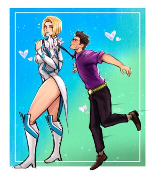 Rule 34 | artist name, aztexarts, blonde hair, blue lips, bruce banner, clothes grab, diamond (shape), dress, emma frost, gem, glasses, heart, highres, lipstick mark, marvel, marvel rivals, necktie, necktie grab, neckwear grab, purple shirt, shirt, short male, size difference, tagme, tall female, white dress, x-men