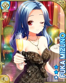 1girl bare_shoulders black_dress blue_hair breasts card character_name cleavage closed_mouth cup dress drinking_glass girlfriend_(kari) holding indoors jewelry mizuno_fuka necklace night official_art one_eye_closed pen ponytail qp:flapper red_eyes smile tagme teacher wine_glass wink