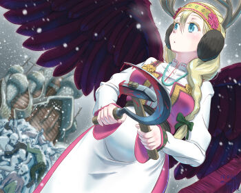 1girl antlers blonde_hair blood bloody_weapon blue_eyes braid cell closed_mouth commentary_request communism corpse cross death dress earmuffs green_ribbon hair_between_eyes hair_ribbon hammer hammer_and_sickle headband highres horns latin_cross long_hair original ribbon self-upload sickle snow snowing standing tress_ribbon weapon wings yamikota