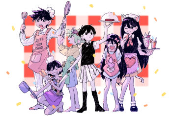 2girls 4boys animal_ears antenna_hair apron arms_up aubrey_(headspace)_(omori) aubrey_(omori) barefoot basil_(headspace)_(omori) basil_(omori) black_bow black_bowtie black_eyes black_hair black_socks black_sweater_vest black_tank_top bobby_socks bow bowtie bright_pupils brother_and_sister camera cat_ears cat_tail closed_eyes collared_shirt commentary_request cooking_pot cup drinking_glass drinking_straw fake_animal_ears fake_tail flower food frying_pan green_apron green_eyes green_hair grin hair_bow head_wreath hero_(headspace)_(omori) hero_(omori) highres holding holding_camera holding_cooking_pot holding_frying_pan holding_knife holding_notepad holding_plate holding_spatula holding_tray kel_(headspace)_(omori) kel_(omori) kneehighs knife long_hair long_sleeves looking_at_viewer maid_headdress mari_(headspace)_(omori) mari_(omori) mary_janes mr._plantegg_(omori) multiple_boys multiple_girls neckerchief notepad official_alternate_costume omori omori_(omori) one_eye_closed open_mouth pajamas parted_lips pet_rock pink_apron pink_bow plate purple_eyes purple_hair red_neckerchief shakomori_w shirt shoes short_hair shorts siblings smile socks spatula squatting standing steak sweater_vest tail tank_top teeth tray upper_teeth_only white_pupils white_shirt white_shorts white_socks yellow_shirt