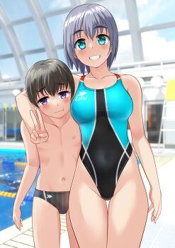 1boy 1girl absurdres age_difference aqua_eyes aqua_one-piece_swimsuit black_hair black_male_swimwear black_one-piece_swimsuit commentary_request competition_swimsuit covered_navel cowboy_shot grey_hair grin highleg highleg_one-piece_swimsuit highres indoors male_swimwear multicolored_swimsuit navel one-piece_swimsuit onee-shota original pool poolside purple_eyes short_hair smile striped_male_swimwear swim_briefs swimsuit takafumi thigh_gap topless_male variant_set