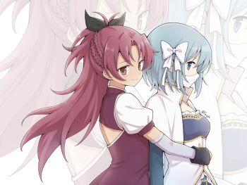 Rule 34 | 2girls, artist name, bandaged head, bandages, black bow, blue eyes, blue hair, bow, capelet, commentary request, couple, detached sleeves, dress, from side, hair bow, hug, hug from behind, long hair, mahou shoujo madoka magica, mahou shoujo madoka magica: walpurgis no kaiten, miki sayaka, miki sayaka (magical girl), multiple girls, puffy short sleeves, puffy sleeves, purigetsu, red dress, red eyes, red hair, sakura kyoko, sakura kyoko (magical girl), short hair, short sleeves, smile, soul gem, white bow, white capelet, yuri, zoom layer