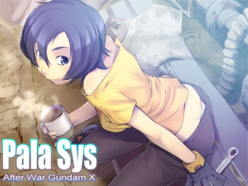 1girl after_war_gundam_x ass blue_eyes blue_hair coffee cup downpants female_focus gloves gundam looking_back matching_hair/eyes mug painpa panties panty_slip paula_cis short_hair sitting solo tools underwear white_panties wrench