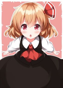 Rule 34 | 1girl, :o, ascot, black skirt, black vest, blonde hair, blush, border, collared shirt, commentary, cowboy shot, double-parted bangs, hair between eyes, hair ribbon, highres, long sleeves, looking at viewer, open mouth, outline, outside border, pink background, red ascot, red eyes, red ribbon, ribbon, rumia, ruu (tksymkw), shirt, short hair, skirt, skirt set, solo, touhou, vest, white border, white outline, white shirt