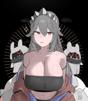 Rule 34 | 1girl, alexandrina sebastiane, alternate costume, anastella (zenless zone zero), artist name, azz0422, bangboo (zenless zone zero), bare shoulders, black background, black tube top, breasts, brown jacket, cleavage, collarbone, commentary, commentary request, drusilla (zenless zone zero), grey hair, hair between eyes, highres, jacket, jacket partially removed, large breasts, long hair, looking at viewer, midriff, navel, parted lips, qr code, red eyes, strapless, tube top, upper body, zenless zone zero