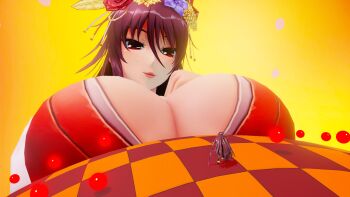 2girls 3d absurdres action_taimanin boots breast_envy breasts brown_hair cleavage colored_skin crossover giant giantess hair_ornament highres huge_breasts japanese_clothes kimono lipstick long_hair long_twintails looking_at_another looking_at_viewer loppybun makeup medium_breasts mizuki_shiranui mizuki_yukikaze mother_and_daughter multiple_girls orange_eyes sega shiny_skin size_difference sonic_(series) standing taimanin_(series) taimanin_yukikaze twintails very_long_hair white_skin