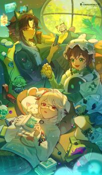 3boys absurdres aether_(genshin_impact) animal animal_ears animal_on_shoulder bird bird_on_shoulder black_hair book bow braid cat_ears cellphone character_doll coca-cola doll food genshin_impact glasses green_bow green_eyes green_hair headband highres holding holding_book hood jacket jean_(genshin_impact) jewelry kaedehara_kazuha long_sleeves lumine_(genshin_impact) male_focus medium_hair multicolored_hair multiple_boys open_mouth phone pillow plug pocky red_eyes red_hair sayu_(genshin_impact) short_hair slime_(genshin_impact) smartphone snack streaked_hair sucrose_(genshin_impact) suzushi twin_braids venti_(genshin_impact) white_hair white_headwear white_hood xiao_(genshin_impact) yellow_eyes