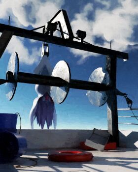 absurdres beak blue_sky boat bucket closed_eyes cloud cloudy_sky gen_6_pokemon hanging highres lifebuoy malamar nintendo no_humans painting_(medium) pokemon pokemon_(creature) pokemon_focus rivalclay sky solo squid swim_ring tentacles traditional_media watercraft winch