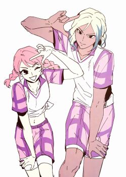 1boy 1girl bad_tag black_eyes blonde_hair blue_streaks braid brother_and_sister commentary gguck gouenji_shuuya gouenji_yuuka highres inazuma_eleven_(series) inazuma_eleven_go multicolored_hair navel pink_hair purple_shorts shirt shorts siblings smile streaked_hair tan tied_shirt twin_braids white_background white_shirt