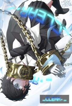 Rule 34 | 1girl, absurdres, black eyes, black hair, black necktie, black shoes, black skirt, black thighhighs, cape, chain, collar, commentary, cuffs, cuffs-to-collar, full body, glasses, gloves, highres, limbus company, looking at viewer, necktie, ning371, pleated skirt, project moon, round eyewear, shoes, simple background, skirt, solo, sora (project moon), thighhighs, upside-down, white background, white cape, white gloves