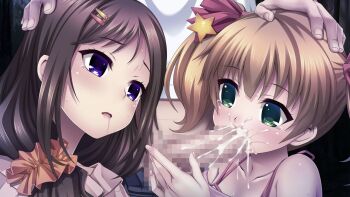 1boy 2girls black_hair blonde_hair blue_eyes blush bow censored clothed_sex collarbone cum cum_in_mouth drooling eyebrows fellatio grand_guignol_no_yoru green_eyes hair_between_eyes hair_bow hair_ornament hairclip hand_on_another&#039;s_head long_hair multiple_girls oral penis saliva short_twintails sweat tears tinkerbell twintails