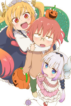 3girls arm_around_neck black_hair black_hairband blonde_hair blue_dress blue_eyes blush bow brown_footwear brown_shirt bucket candy child clothes_grab dragon_girl dragon_horns dragon_tail dress eating elbow_gloves food from_above glasses gloves gradient_hair green_pants hair_bow hair_ornament hairband halloween_bucket highres holding holding_bucket holding_candy holding_food holding_lollipop horns kanna_kamui kobayashi-san_chi_no_maidragon kobayashi_(maidragon) lollipop long_hair long_sleeves looking_at_viewer looking_up maid_headdress multicolored_hair multiple_girls neckerchief open_mouth orange_eyes pants pink_dress puffy_sleeves pump purple_hair red_footwear red_hair red_neckerchief samansa_ex shirt shirt_grab short_hair sphere_hair_ornament standing tabayan_jigokuhen tail teeth tohru_(maidragon) upper_teeth_only white_gloves white_hair