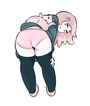 1girl ass backpack bag bent_over danganronpa_(series) hood hoodie looking_back nanami_chiaki shoes simx smirk thighhighs underwear