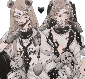 1boy 1girl brown_eyes brown_hair candy commentary eyelashes food freckles heart highres jacket lollipop middle_finger odyk_eee open_clothes open_jacket original polka_dot_necktie simple_background sleep_mask stuffed_animal stuffed_toy symbol-only_commentary teddy_bear upper_body white_background x_x