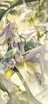 1girl blonde_hair boots braid breasts cleavage dress full_body genshin_impact hair_ornament high_heels high_ponytail highres jewelry large_breasts long_hair long_sleeves looking_at_viewer marigoldene multicolored_hair ponytail sitting smile solo streaked_hair thigh_boots thighhighs white_dress white_hair white_thighhighs wide_sleeves yellow_eyes zibai_(genshin_impact)